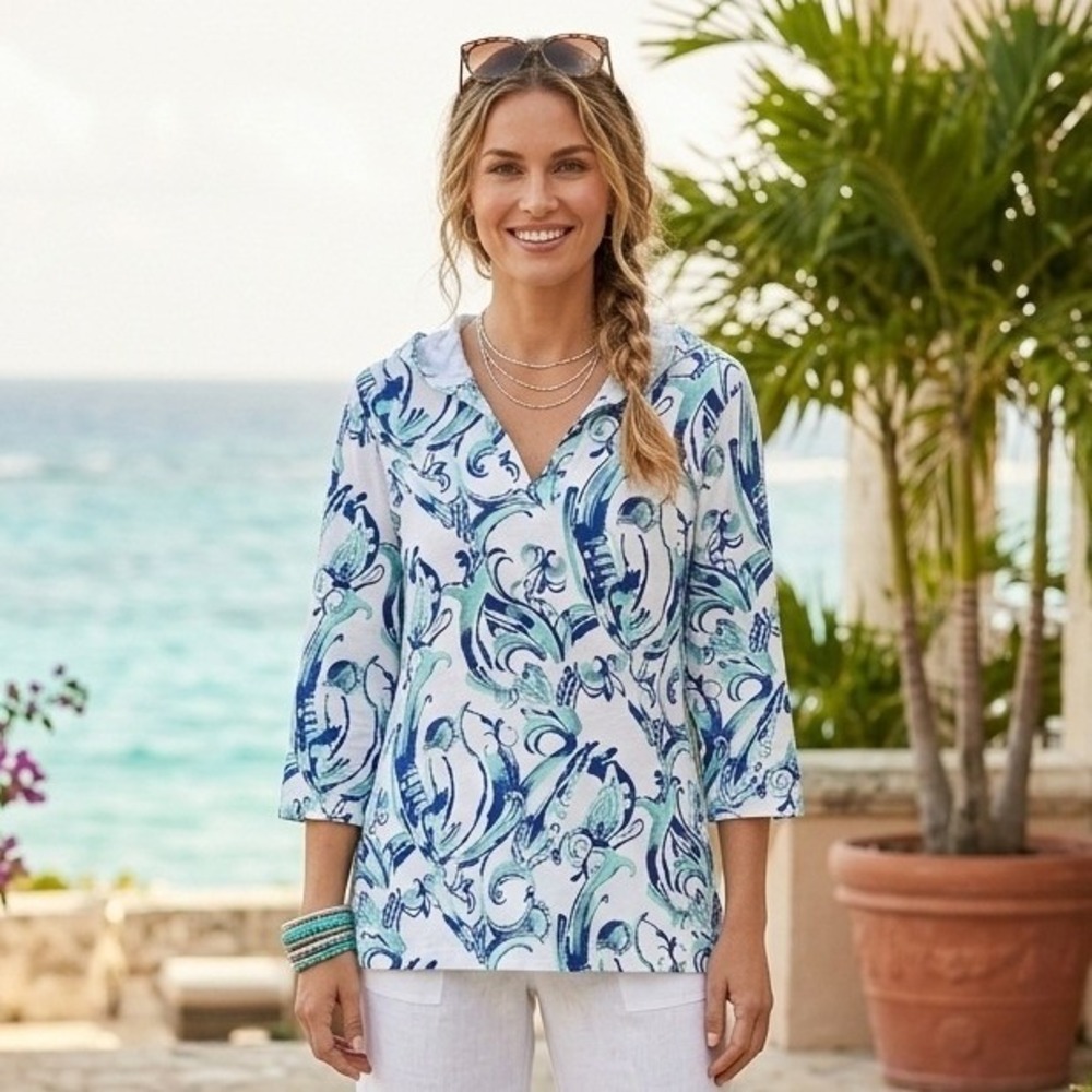 Weekends by Chicos Hooded Top XL Womens 3 White Blue Paisley Coastal Resortwear